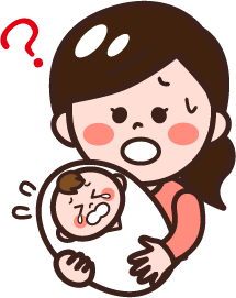 泣いている赤ちゃんと困っている母親のイラスト